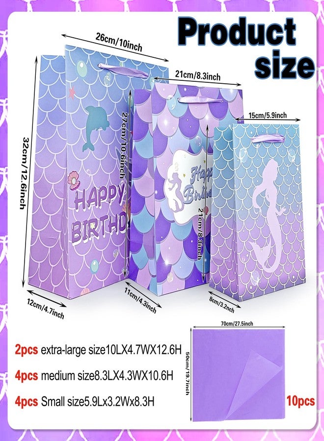 KEEPARTY 10PCS Assorted Sizes Mermaid Happy Birthday Gift Bag Set with Handles and Tissue Papers for Boys and Girls Birthday Party Baby Shower Newborn with 4 Design Styles 4 Small 4 Medium and 2 Large Gift Bags - Image 2